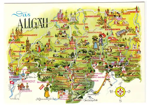 AK, Landkarte auf Ansichtskarte, Das Allgäu, um 1970