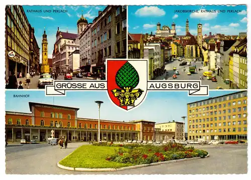 AK, Augsburg, drei Abb., u.a. Bahnhof, 1970