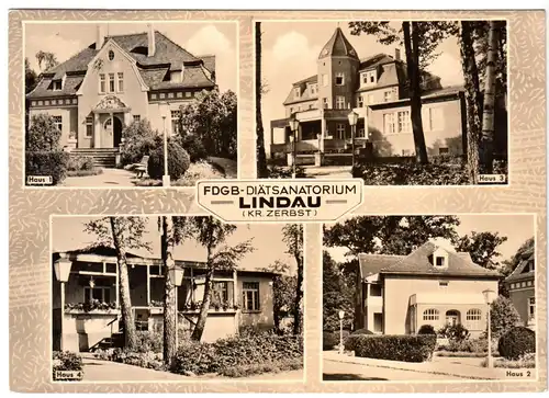 AK, Lindau Kr. Zerbst, FDGB-Diätsanatorium, vier Abb., gestaltet, 1964