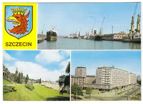 AK, Szczecin, Stettin, drei Abb. und Wappen, 1980