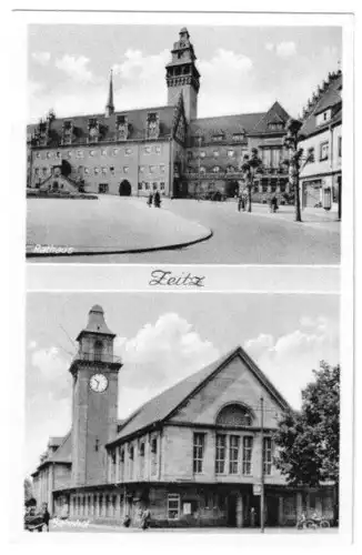 AK, Zeitz, zwei Abb., Rathaus und Bahnhof, 1954