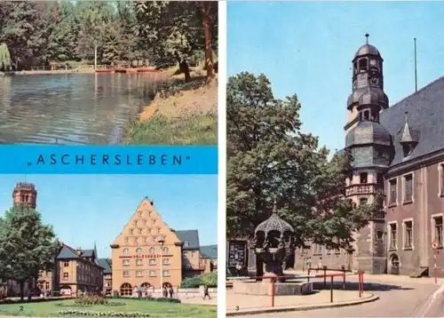 AK, Aschersleben, 3 Abb, u.a. Volkshaus und Post, 1969