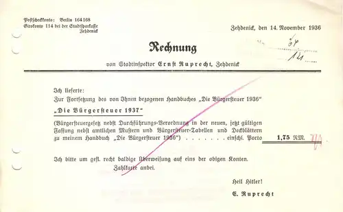 drei Rechnungen, E. Ruprecht, Stadtoberinspektor, Zedenick, 1936 bzw. 1939 (2)