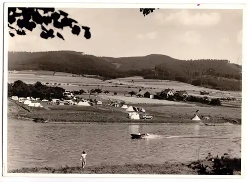 AK, Bodenwerder, Blick zum Zeltplatz an der Weser, Echtfoto, Handabzug, 1963