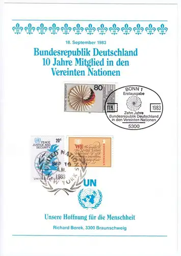 Gefälligkeitsbeleg, Mi.-Nr. BRD 1185 und UNO NY 331 + 315, 10 Jahre BRD in UNO