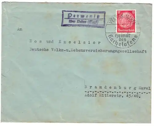 Landpoststempel, Poststelle II, Perwenitz über Velten (Mark), 17.5.38