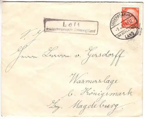 Landpoststempel, Poststelle II, Loit, Süderbarup (Kr. Schleswig) Land, 7.4.33