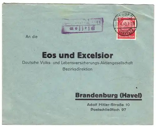 Landpoststempel, Poststelle II, Plessow über Werder (Havel), Werder, 27.4.40