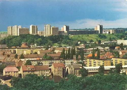 AK, Neubrandenburg, Blick über die Altstadt zu Neubaugebieten, um 1988