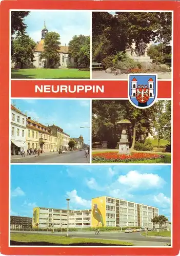 AK, Neuruppin, fünf Abb., Wappen, u.a. Oberschule, 1986
