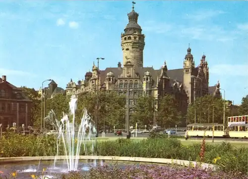 AK, Leipzig, Neues Rathaus, Anlagen, Straßenbahn, 1969