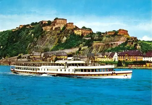 AK, Koblenz, Blick zur Festung Ehrenbreitstein, Schiff MS Rüdesheim, 1970