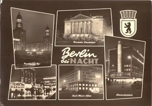 AK, Berlin bei Nacht, fünf Abb., gestaltet, 1963