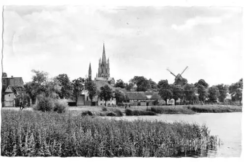 AK, Werder Havel, Blick zur Insel mit Ev. Kirche und Mühle, 1960
