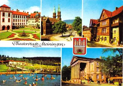 AK, Meiningen, Theaterstadt Meiningen, fünf Abb. und Wappen, 1984