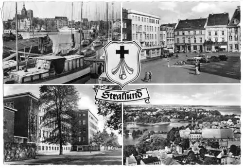 AK, Stralsund, vier Abb. mit Wappen, u.a. Krankenhaus, 1960