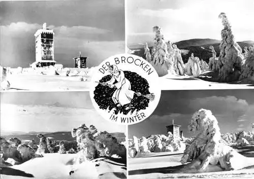 AK, Brocken Harz, Der Brocken im Winter, vier Abb., gestaltet, 1956