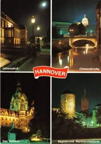 AK, Hannover, 4 Abb., u.a. Leineschloß, Nachtaufnahmen, um 1982