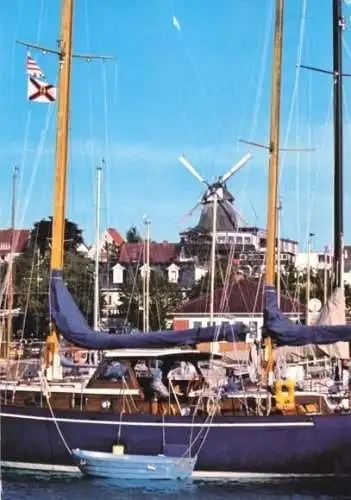 AK, Ostseebad Laboe, Blick auf Hafen und Mühle, ca 1985