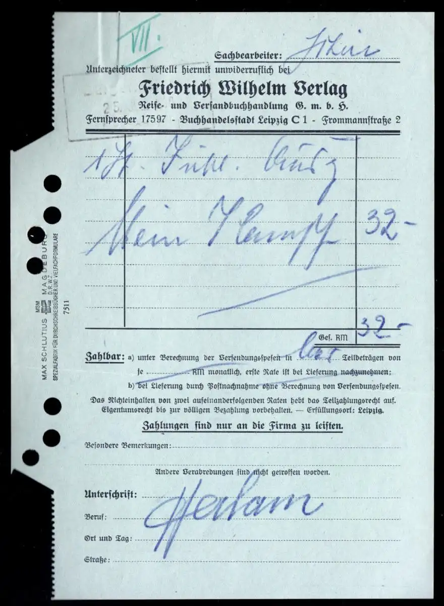 Rechnung, Friedrich Wilhelm Verlag Leipzig C 1, um 1940