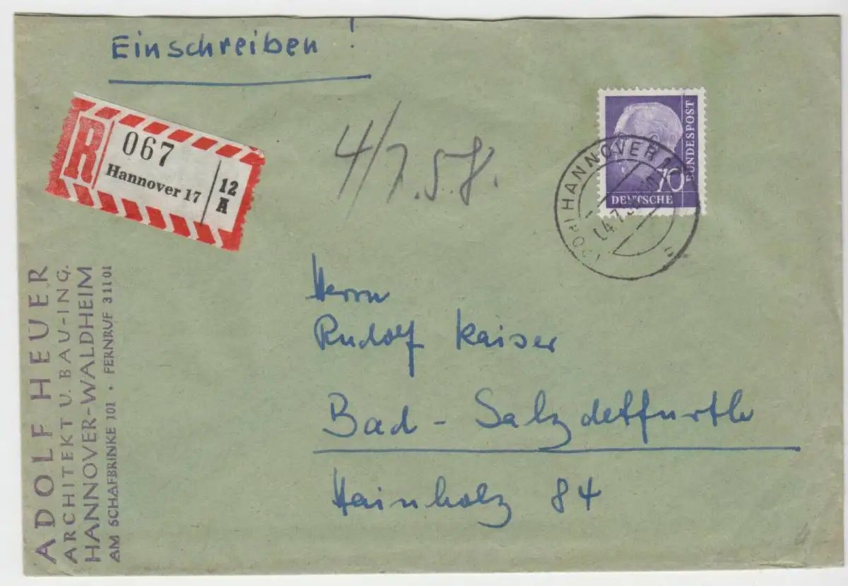 R-Brief, Michel-Nr. BRD 263x, EF, o (20a) Hannover 17, 4.7.58