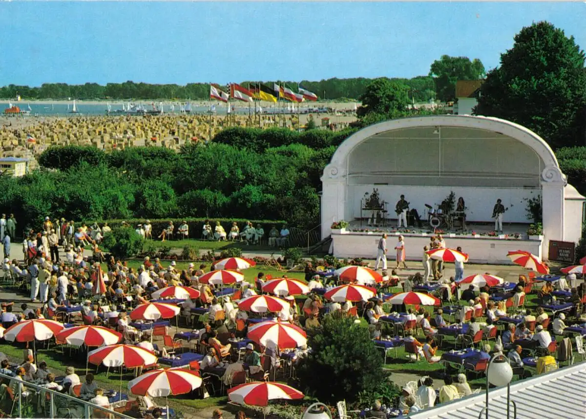 AK, Ostseeheilbad Travemünde, Casino-Musikpavillion mir Gartencafé, um 1988