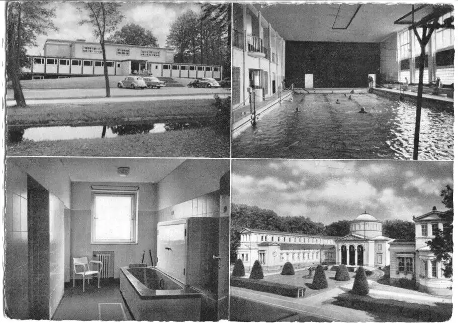 AK, Bad Oeynhausen, Thermalschwimmbad, Badehaus I und Bedezelle, um 1963