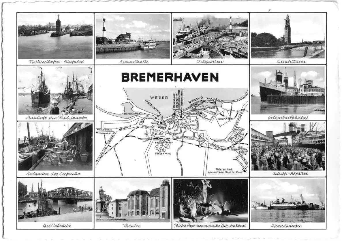 AK, Bremerhaven, zwölf Abb. und Landkarte, um 1957