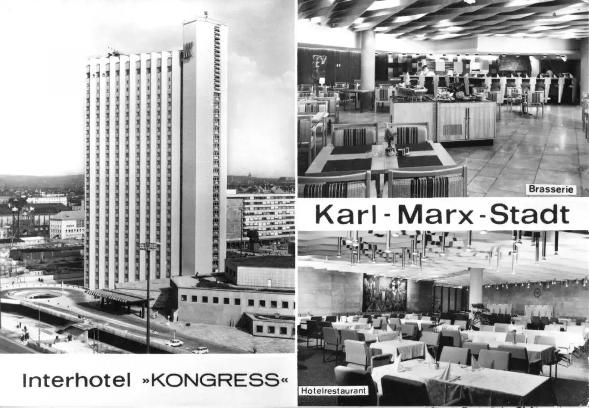 AK, Karl-Marx-Stadt, Chemnitz, Interhotel "Kongress", drei Abb., 1980