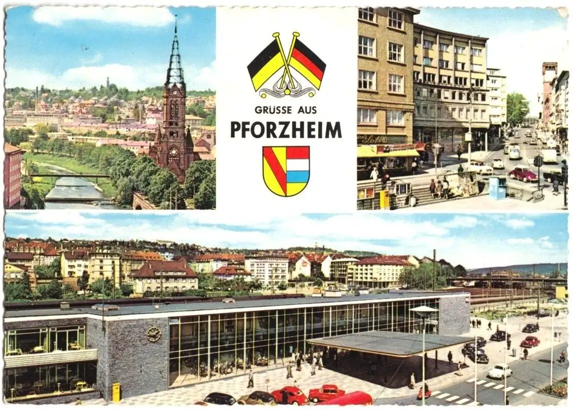 AK, Pforzheim, drei Abb., u.a. Bahnhof, 1964