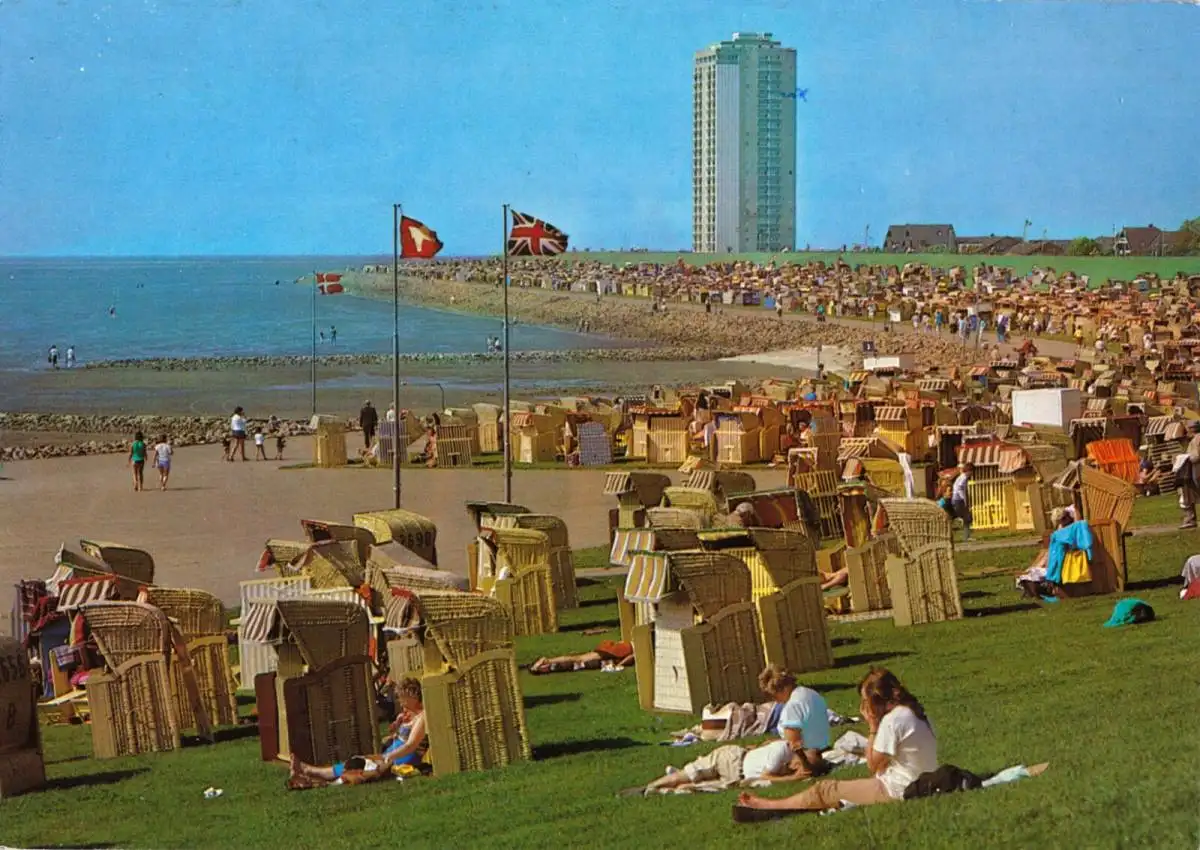 AK, Nordseeheilbad Büsum, Strandleben und Hochhaus, 1997