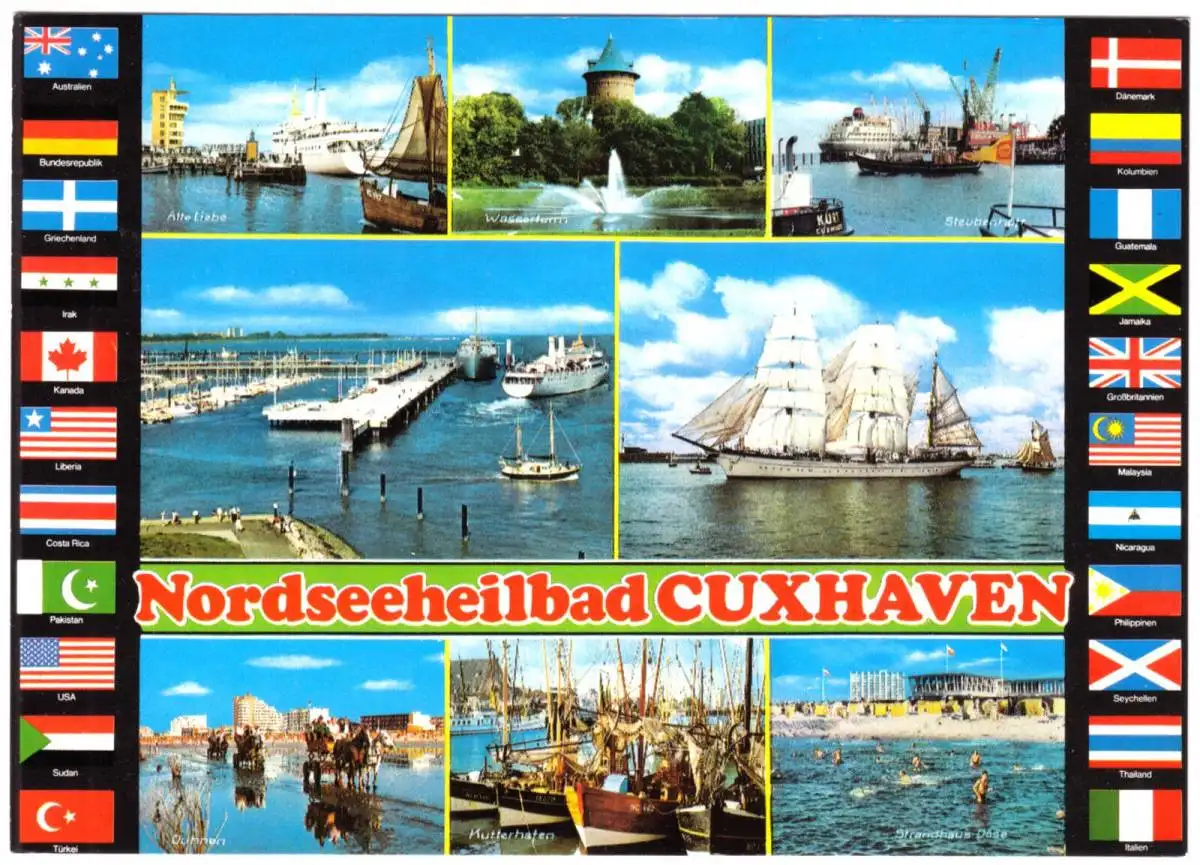 AK, Nordseeheilbbad Cuxhaven, acht Abb. und Flaggen, um 2000
