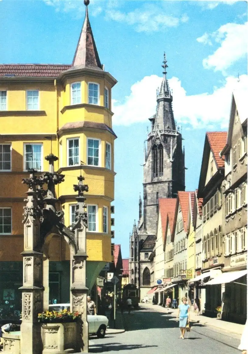 AK, Reutlingen, Straßenpartie mit Marienkirche, 1969