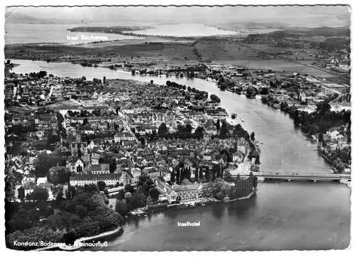 AK, Konstanz Bodensee, Luftbildansicht mit Rheinausfluß, 1965