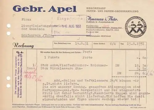 Rechnung, Fa. Gebr. Apel, Ilmenau i. Thür., Bürobedarf, 15.8.51