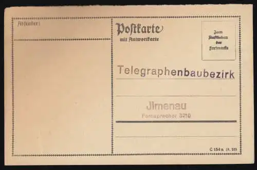 Antwortpostkarte ungenutzt, Telegraphenbaubezirk Ilmenau, 1923