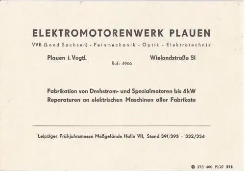 Vertreterkarte, Fa. Elektromotorenwerk Plauen, um 1950