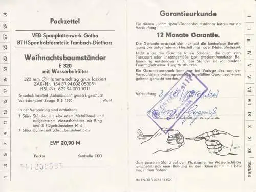 VEB Spanplattenwerk Gotha, Garatieschein für Weihnachtsbaumständer, 1982