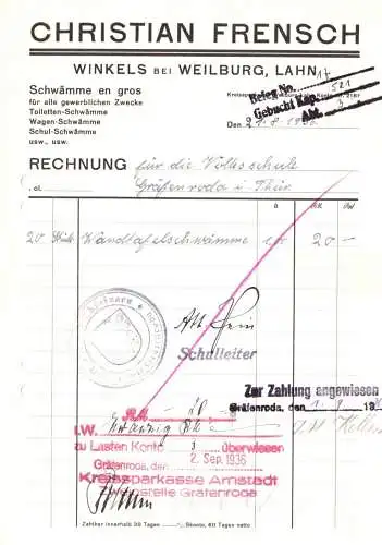 Rechnung, Fa. Christian Frensch, Winkels bei Weilburg Lahn, 21.8.36