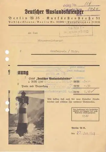 Rechnung, Deutscher Auslandskalender, Berlin W 35, Kurfürstenstr. 51, 27.1.41