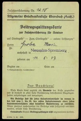 Beitragsquittungskarte, Allg. Ortskrankenkasse Ebersbach Sachs., 1. Quartal 1945
