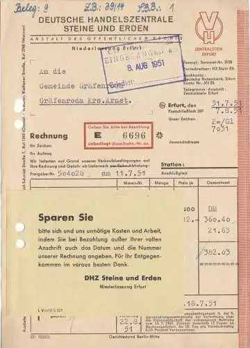 Rechnung, Deutsche Handelszentrale Steine und Erden, Niederl. Erfurt, 31.7.51