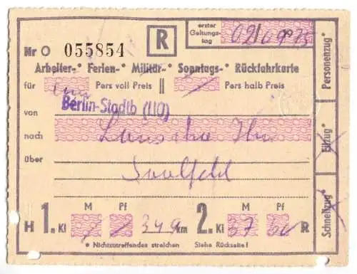 Fahrkarte, Deutsche Reichsbahn, Berlin Stadtb - Lauscha Ilm, 2.9.75
