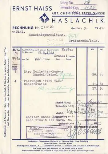 Rechnung, Fa. Ernst Haiss, Abt. Chemische Erzeugnisse, Haslach i. K., 20.3.41