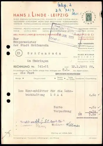 Rechnung, Fa. Hans J. Linde, Leipzig, Bürobedarf, 12.1.51