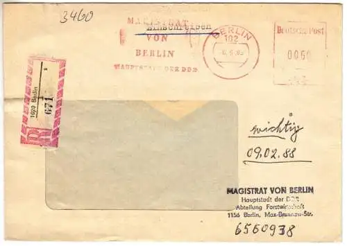 AFS, Einschreiben, Magistrat von Berlin Hauptstadt d. DDR, o Berlin, 102, 6.5.85