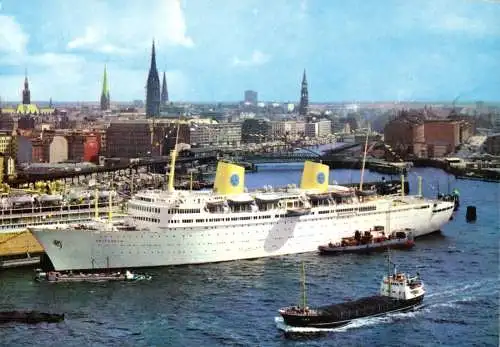 AK, Hamburg, Hafen mit Stadtpanorama, Dampfer "Gripsholm", um 1985