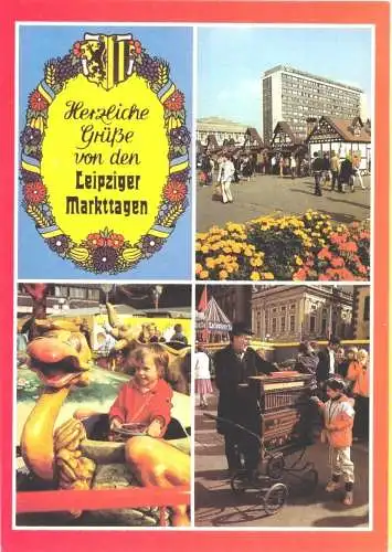 AK, Leipzig, Grüße von den Leipziger Markttagen, drei Abb., 1985