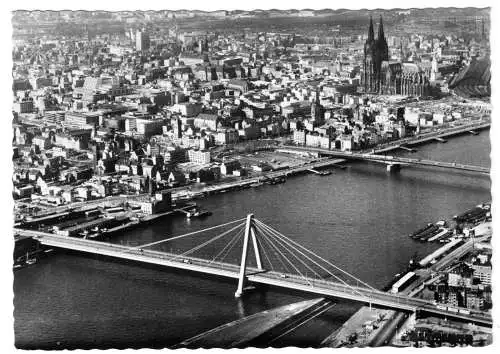 AK, Köln, Luftbild mit Severinsbrücke und Dom, um 1960