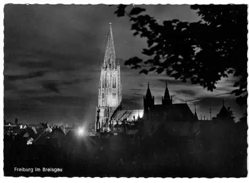 AK, Freiburg im Breisgau, Nachtansicht mit Münster, um 1965